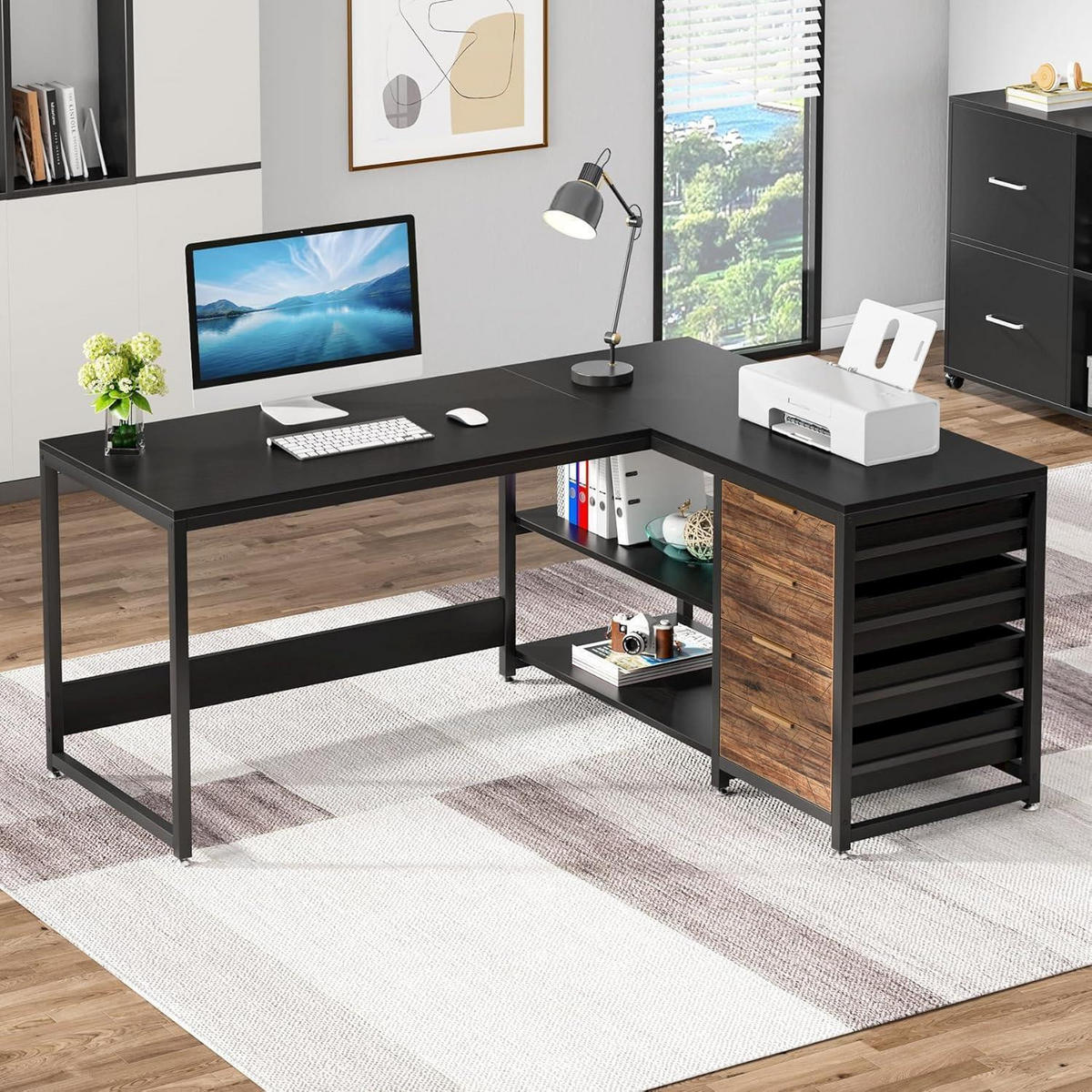 SCHREIBTISCH L-Form mit 4 Schubladen und 2 Ablagen 155 x 110 x 75 cm Schwarz - Multicolor, Holzwerkstoff (60/180/76cm)