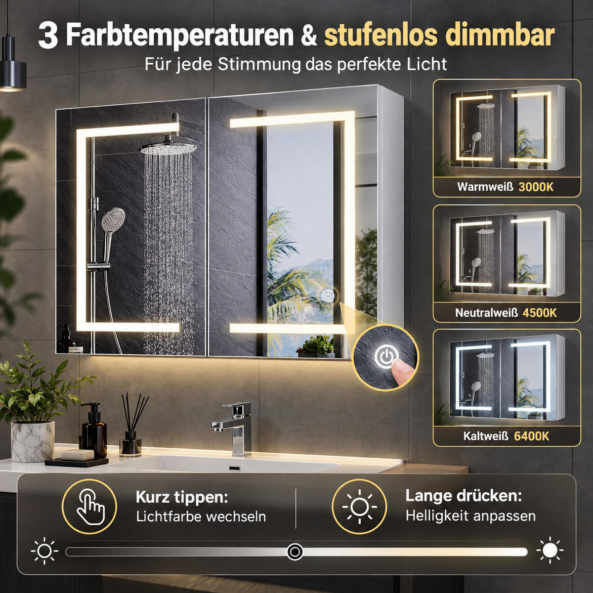 SPIEGELSCHRANK LED 80/60/13.5 cm mit Aufbewahrung, dimmbar, Touch-Schalter, moderner Badezimmer Spiegel mit Stauraum - Weiß, Glas (80/60/13.5cm) - Joyfair