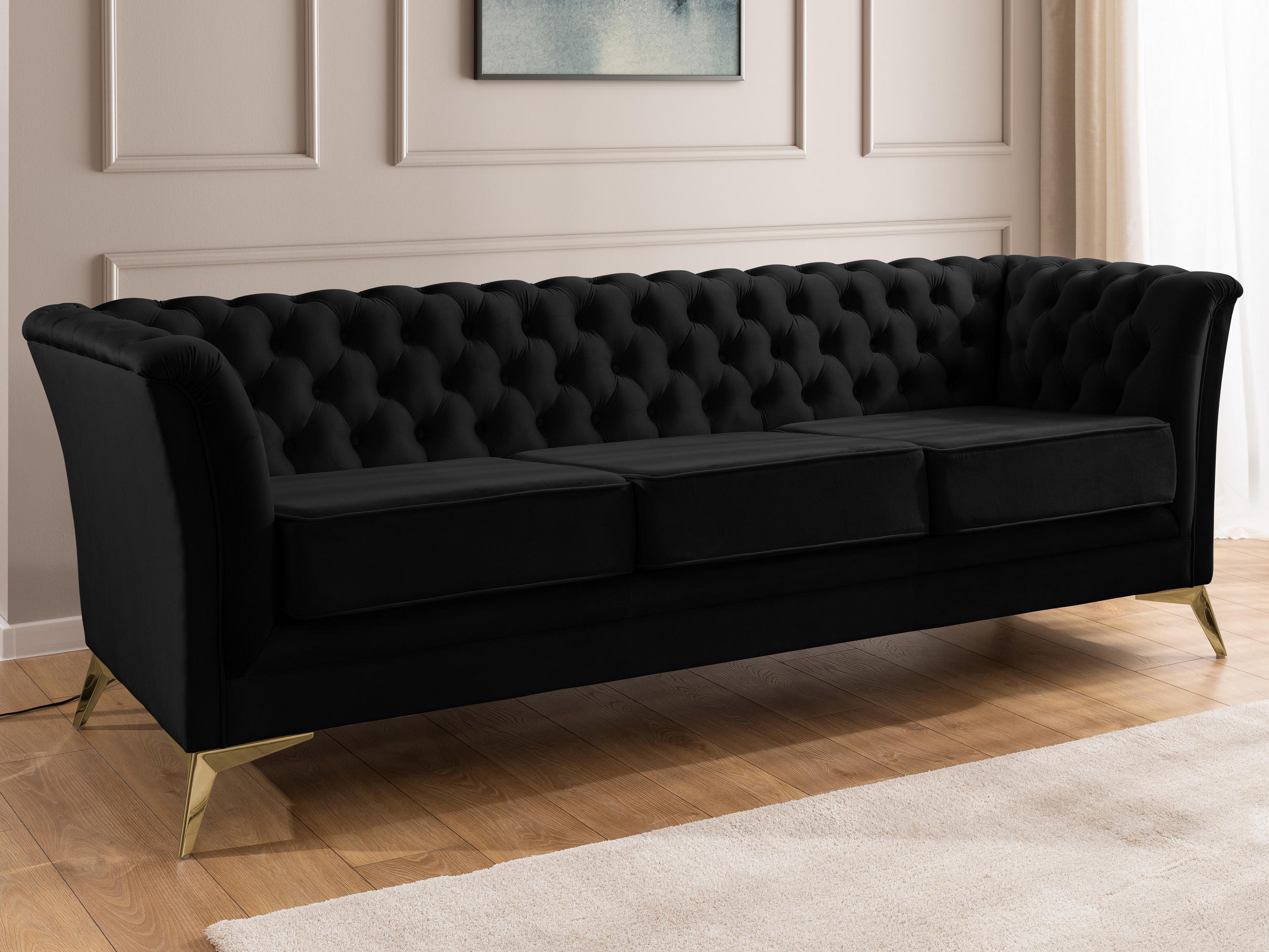 CHESTERFIELD-SOFA 3-sitzer Whitby Schwarz Samt mit goldenen Füßen - Goldfarben/Schwarz, Holz/Textil (237/78/82cm) - S-Style Möbel