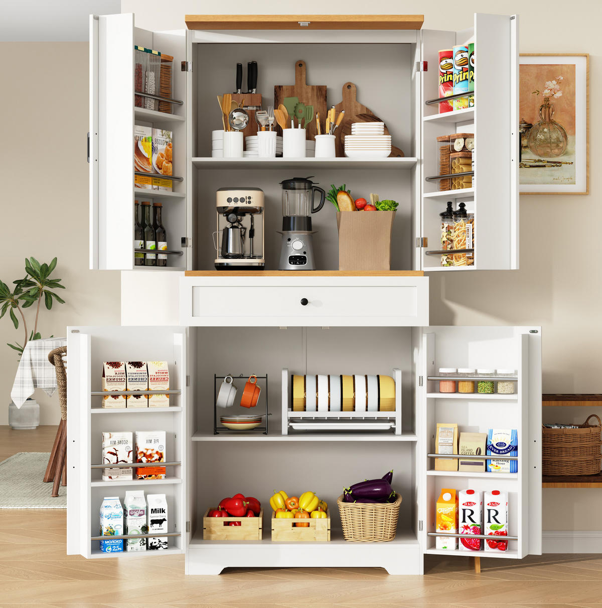 BUFFET 80/40/180 cm in Weiß mit Schubladen und offenem Regal - Weiß, Holzwerkstoff (80/180/40cm) - Flora Grace