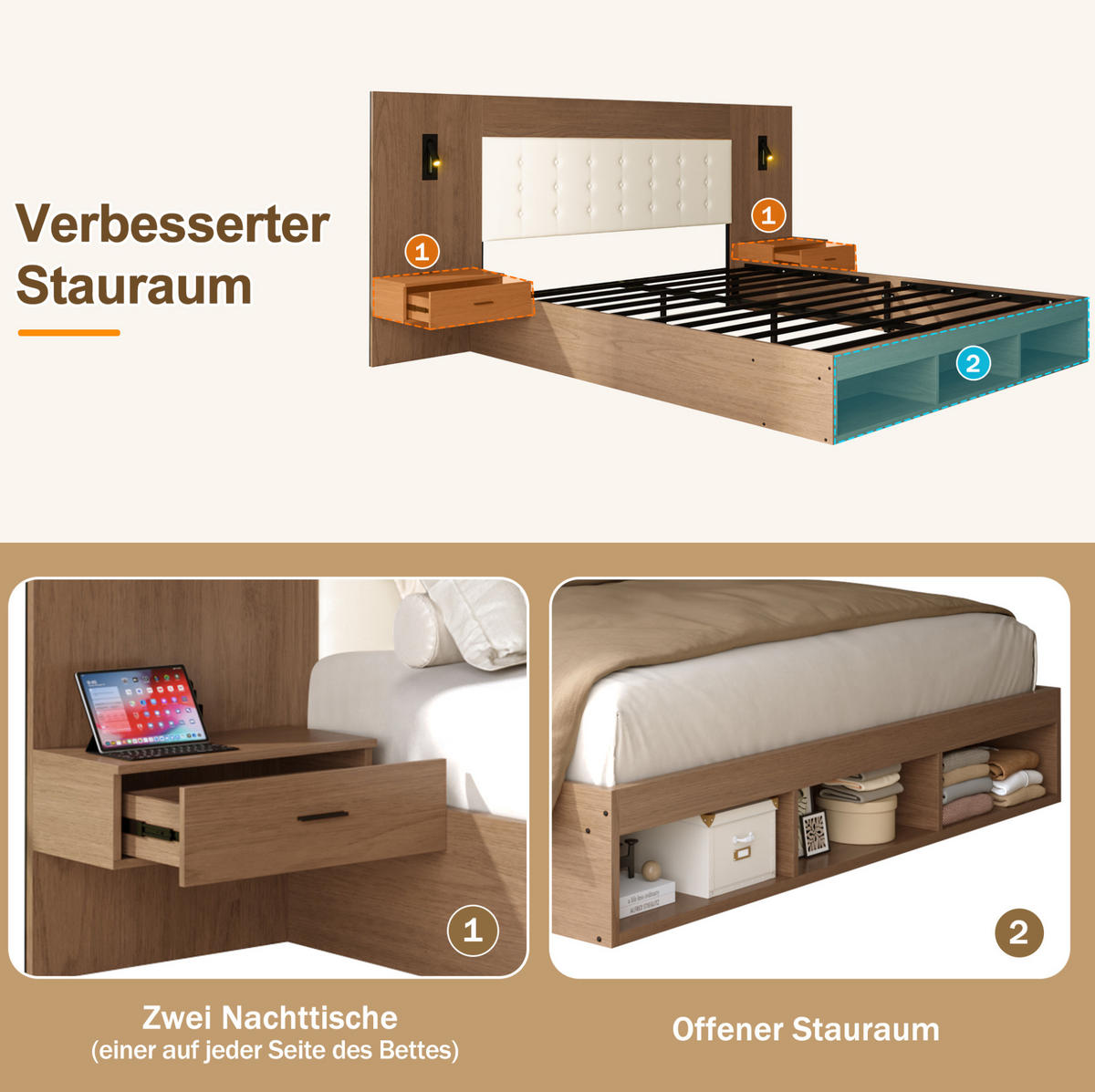 POLSTERBETT 180/200 cm mit 2 Nachttischen, USB/Type-C und Leselampen - Nussbaumfarben, Holzwerkstoff (180/200cm) - BEAOK