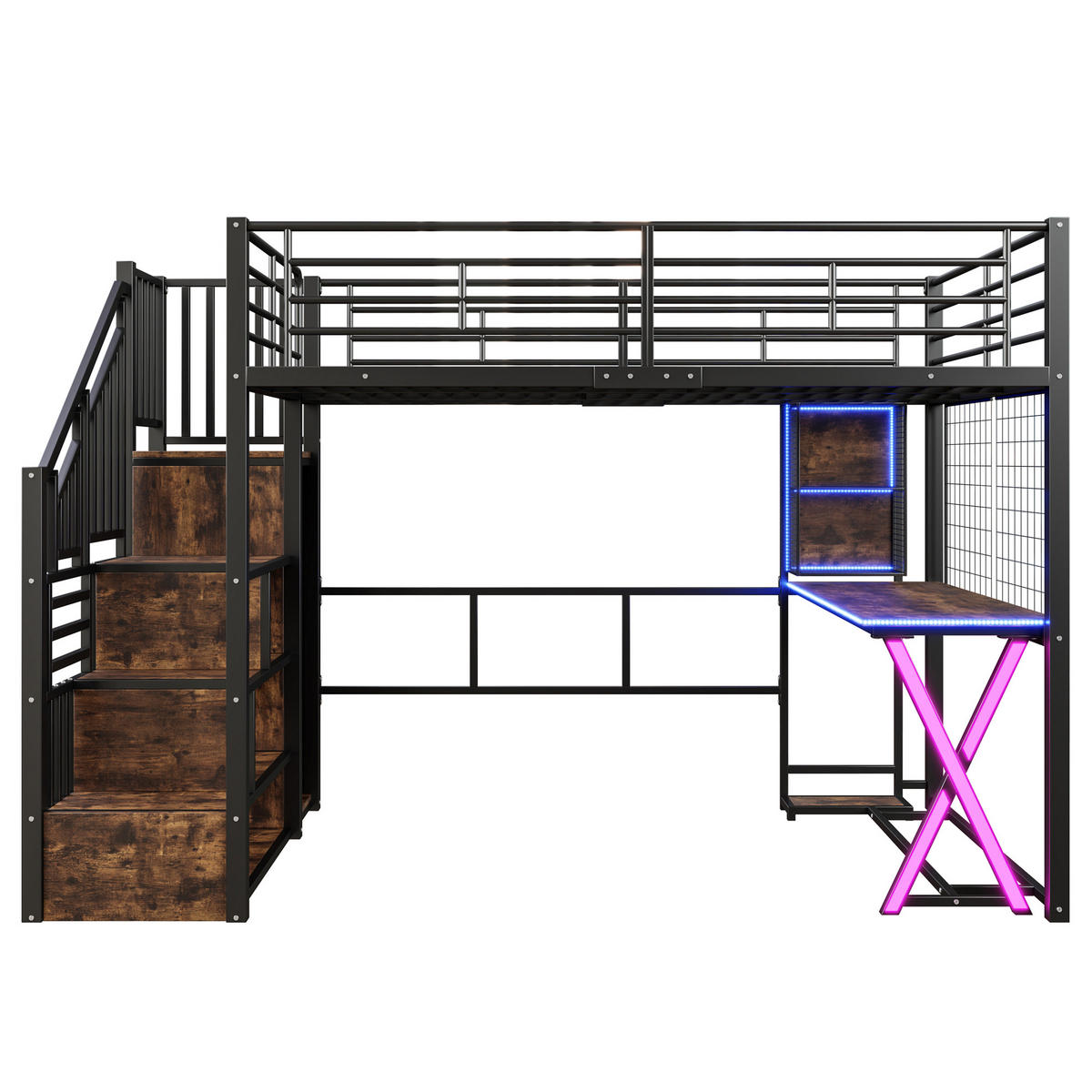 HOCHBETT 140/200 cm in Schwarz mit LED, Ablageleiter, Schreibtisch, Kleiderschrank und Regalen - Schwarz, Holzwerkstoff/Metall (140/200cm) - CHICFURN