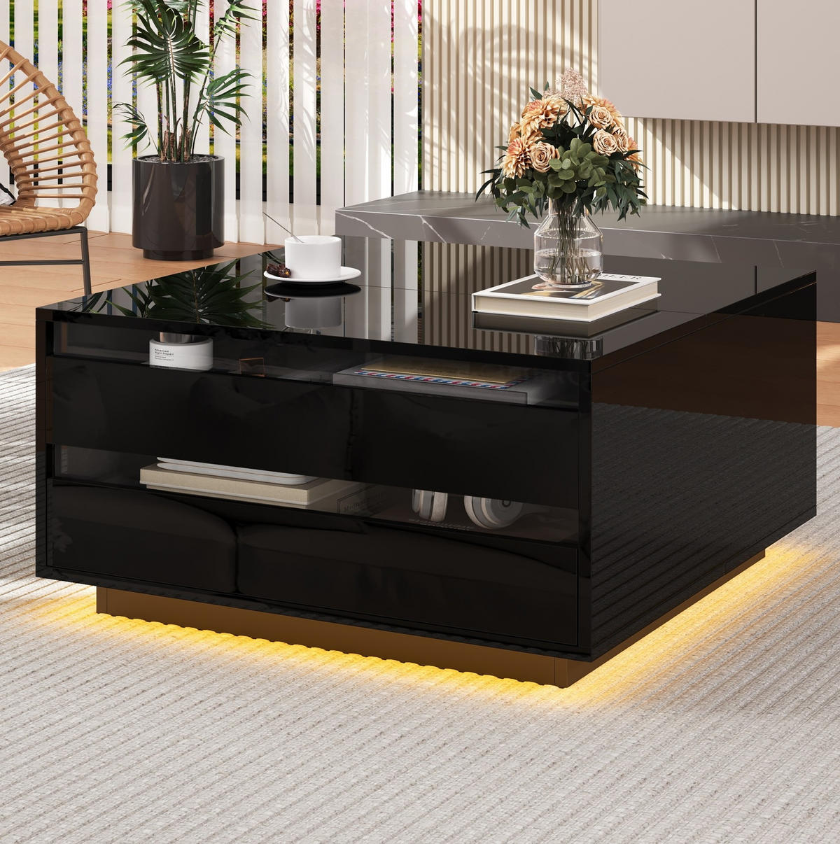 KONFERENČNÍ stolek 70/70/38 cm černý z dřevotřísky a akrylu s LED osvětlením a úložným prostorem - černá, kompozitní dřevo (70/70/38cm) - OKWISH