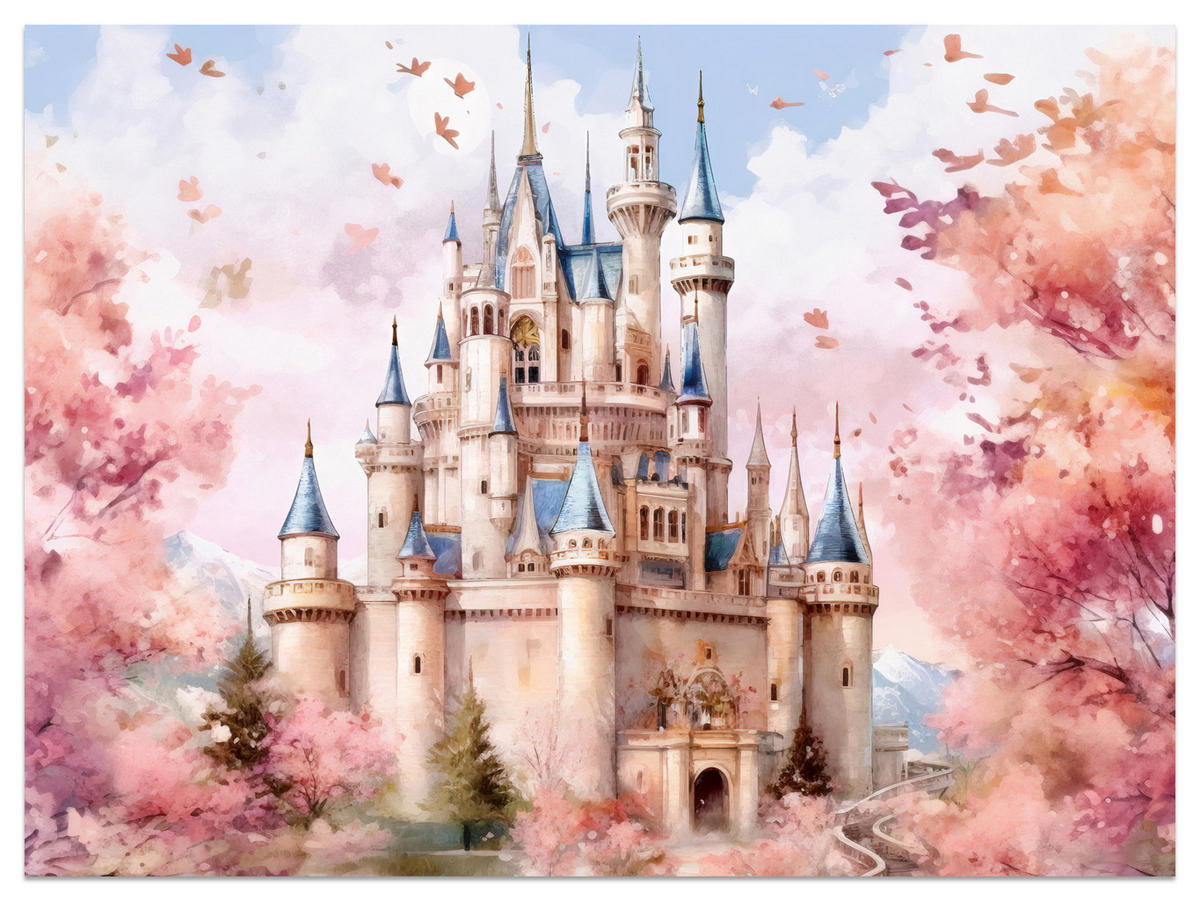 FOTOTAPETE für Kinderzimmer Märchenschloss Aquarell 300x210 - Blau/Violett, Papier (300/210cm) - Muralo