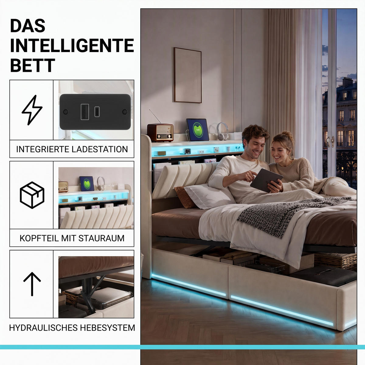 POLSTERBETT 140x200 cm, Doppelbett mit Bettkasten, USB und LED, hydraulischer Stauraum, Samt Beige - Beige, Holz/Textil (140/200cm) - GENKI LIVING
