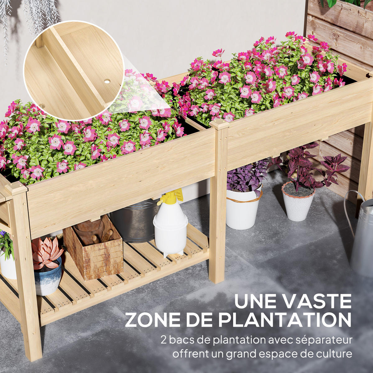 HOCHBEET DE-16014 2 Pflanzkästen mit Klapptisch Naturholz - Naturfarben, Holzwerkstoff (207/78/59cm) - ComfortXL