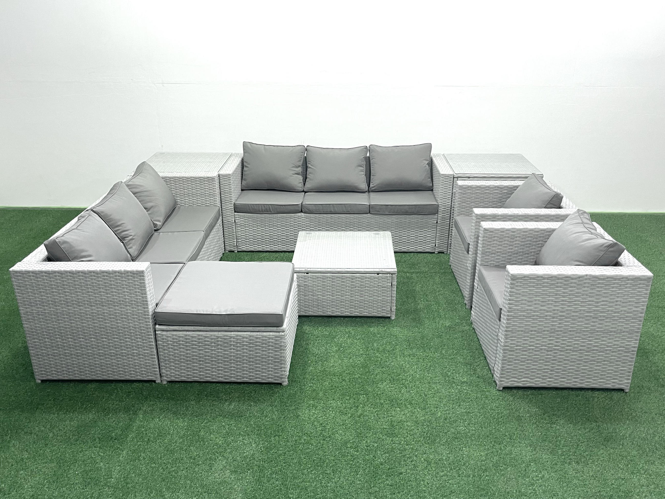 GARTENMÖBEL-SET mit Kissen Polyrattan Hellgrau-Mix 9-Sitzer - Hellgrau/Grau, Glas/Kunststoff - Fimous