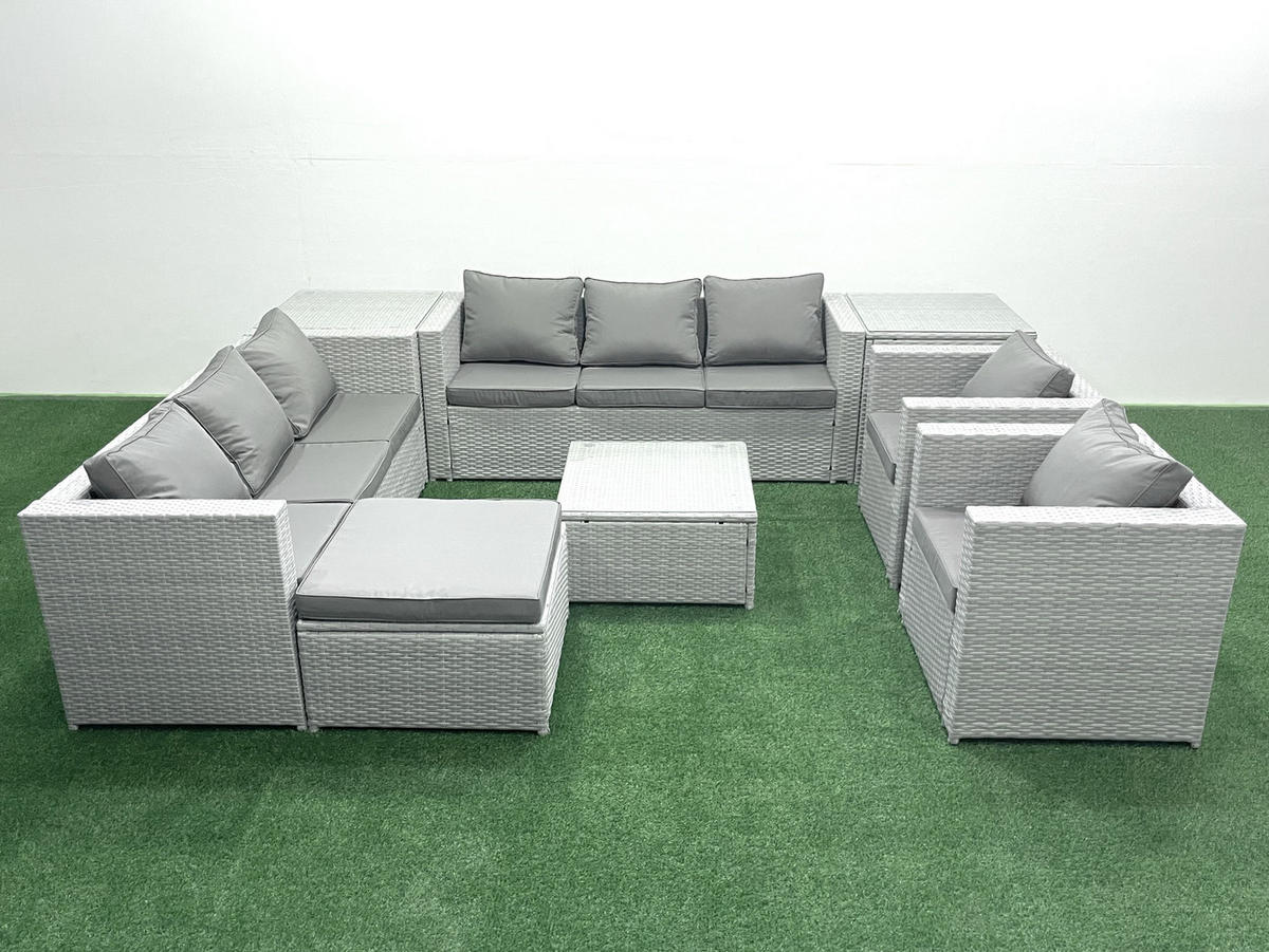 GARTENMÖBEL-SET mit Kissen Polyrattan Hellgrau-Mix 9-Sitzer - Hellgrau/Grau, Glas/Kunststoff - Fimous