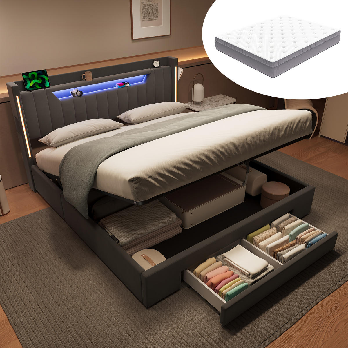 POLSTERBETT 160×200 mit Matratze, Bettkasten, Schubladen und LED Beleuchtung,Samtbezug, in Grau - Grau, Holzwerkstoff/Textil (160/200cm) - STILVORA
