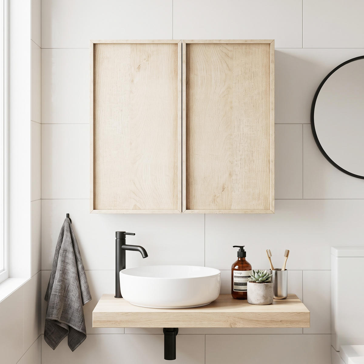 WANDSCHRANK Badezimmer Eichenoptik mit 2 Türen & griffloses Design - Eichefarben, Holzwerkstoff (60/58/21.6cm) - Urban Meuble
