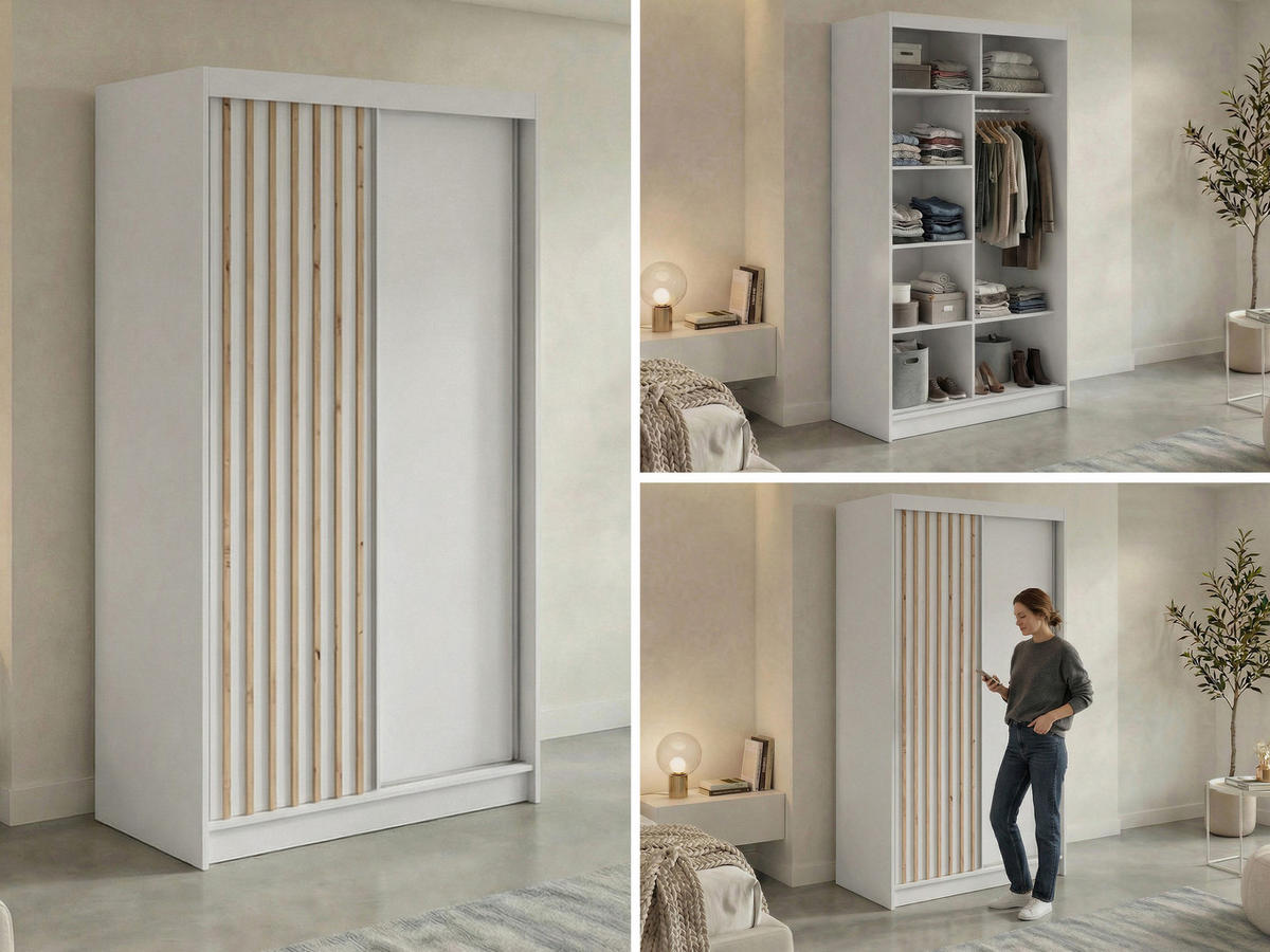 SCHWEBETÜRENSCHRANK mit Lamellen LUMOS - 120 - Weiß und Eiche Artisan - Alufarben/Weiß, Holzwerkstoff/Metall (120/216/61cm) - MKS