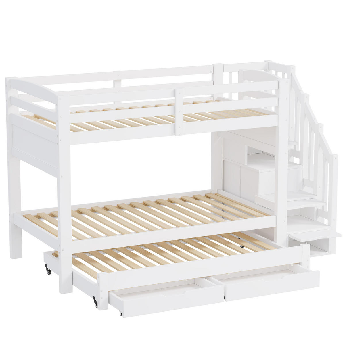 ETAGENBETT aus MDF und Kiefer 90x200 cm Weiß mit Ausziehbett, Stauraumtreppe und Kleiderschrank - Weiß, Holzwerkstoff (90/200cm) - Modfu
