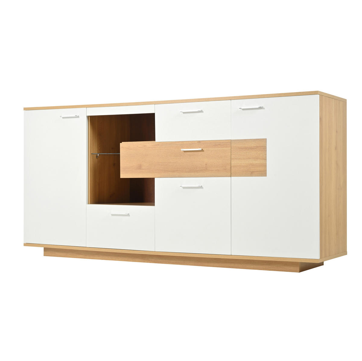 SIDEBOARD 160/40/77 cm Natur/Weiß aus MDF mit LED und 4 Schubladen - Naturfarben, Holzwerkstoff (160/77/40cm) - OKWISH