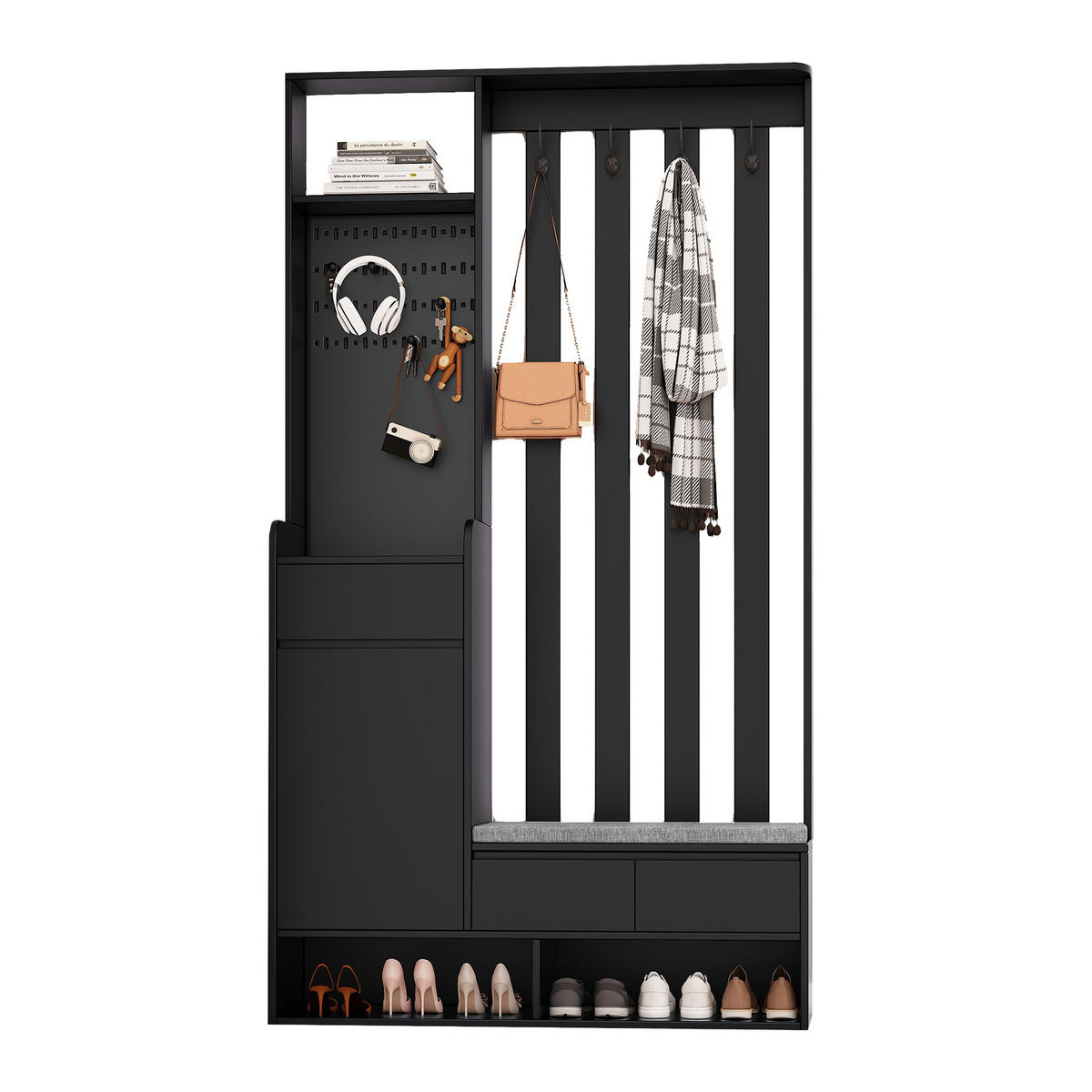 SCHUHSCHRANK aus MDF H180 & B100 & T35cm in Schwarz mit Sitzbank & Stecktafel - Schwarz, Holzwerkstoff (100/180/35cm) - Modfu