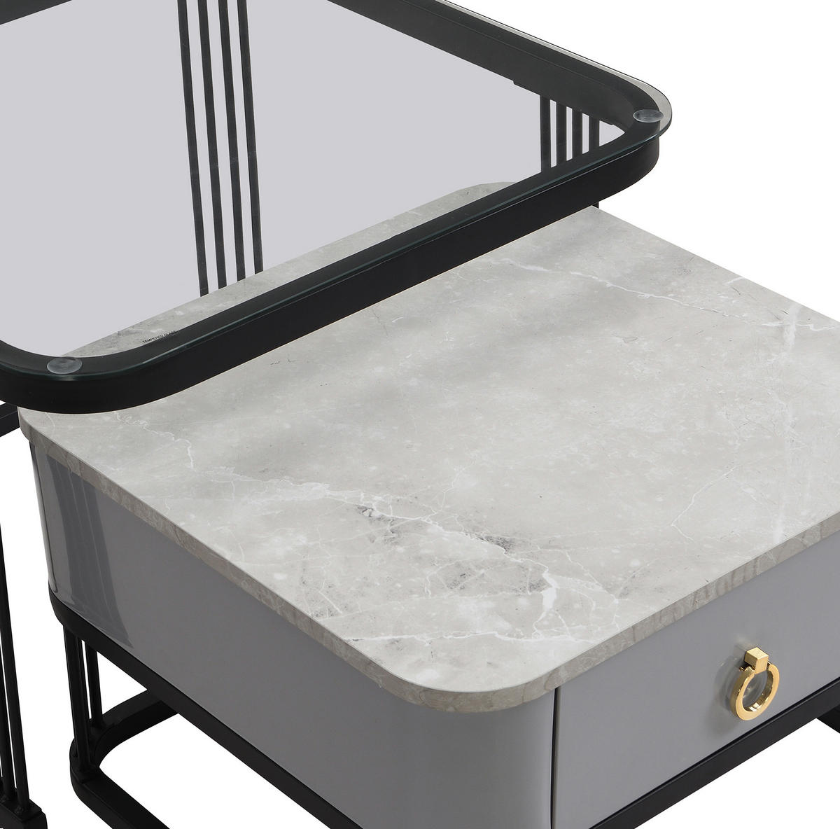 COUCHTISCH MDF mit Marmoroptik & Glas schwarzes Metallgestell integrierte Schublade, 60/60/42 + 50/50/34 cm, Schwarz und Grau - Schwarz, Holzwerkstoff (60/60/42cm) - Redom