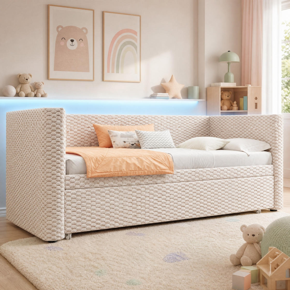 POLSTERBETT 90/200 mit Ausziehfunktion, App-gesteuerter LED und Lattenrost in Beige - Beige, Holzwerkstoff/Textil (180/200cm) - EVRYAE
