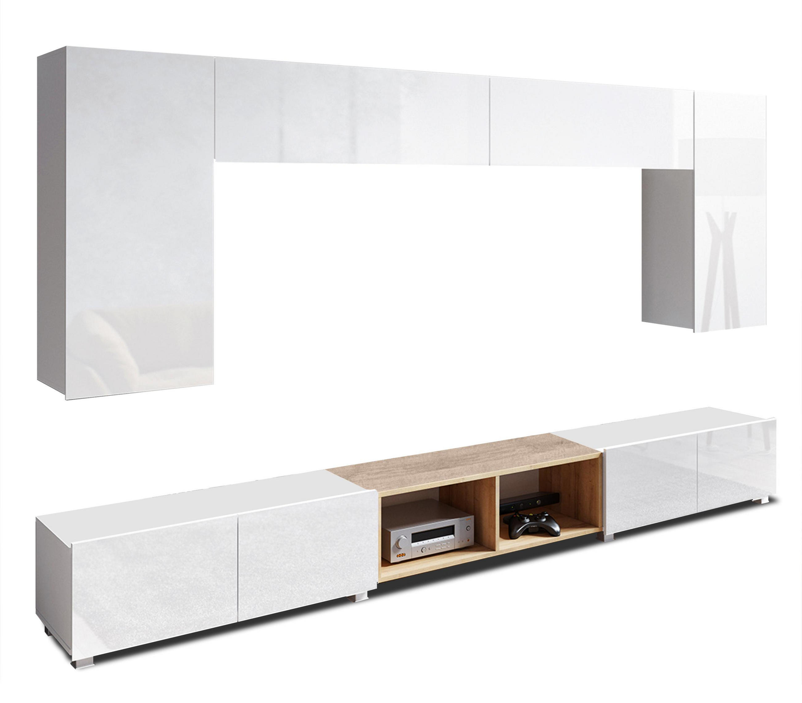 WOHNWAND Kossana 23 Modern Weiß/Goldene Eiche 300/43/154 cm TV Möbel - Weiß, Holzwerkstoff/Kunststoff (300/156/43cm) - AX Living