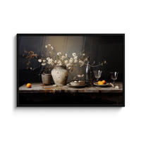 POSTER MIT RAHMEN Stilleben - Blumen - Blumenstrauß - Vase - Wein 120x80 cm - Schwarz, Papier (120/80cm) - MuchoWow