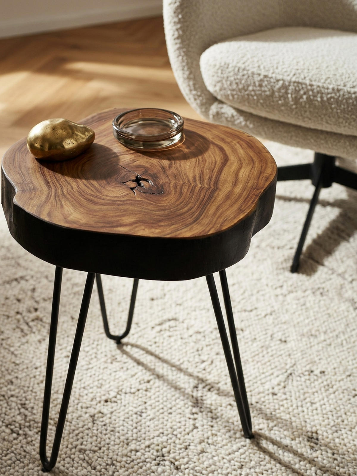 BEISTELLTISCH Massivholz Metallbeine Baumstammoptik BALU, Braun 35x35x45 cm - Schwarz/Braun, Holz/Metall (35/35/45cm) - KADIMA DESIGN