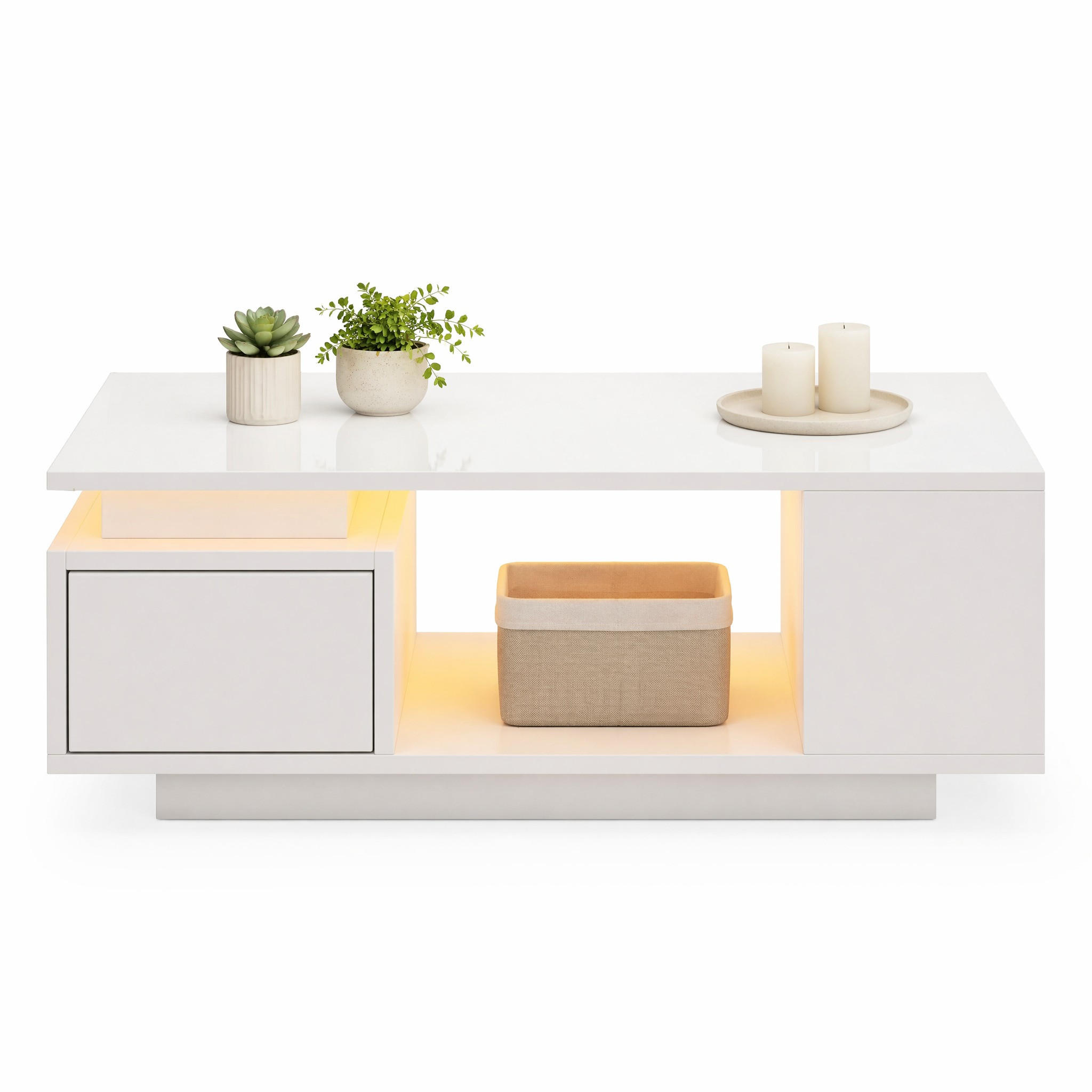 COUCHTISCH in Weiß Kaffeetisch mit Schublade, LED & 4 Ablagefächern,Hochglanz Sofatisch für Wohnzimmer, B100/T50/H36cm - Weiß, Holzwerkstoff (50/100/36cm) - STILVORA