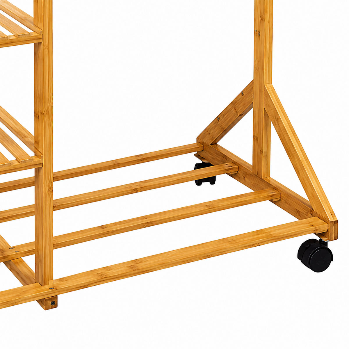 KLEIDERSTÄNDER Natur Bambus mit Rollen 6 Haken 4 Ablagen 176 cm - Hellbraun, Holz/Kunststoff (100/176/38cm) - Relaxdays