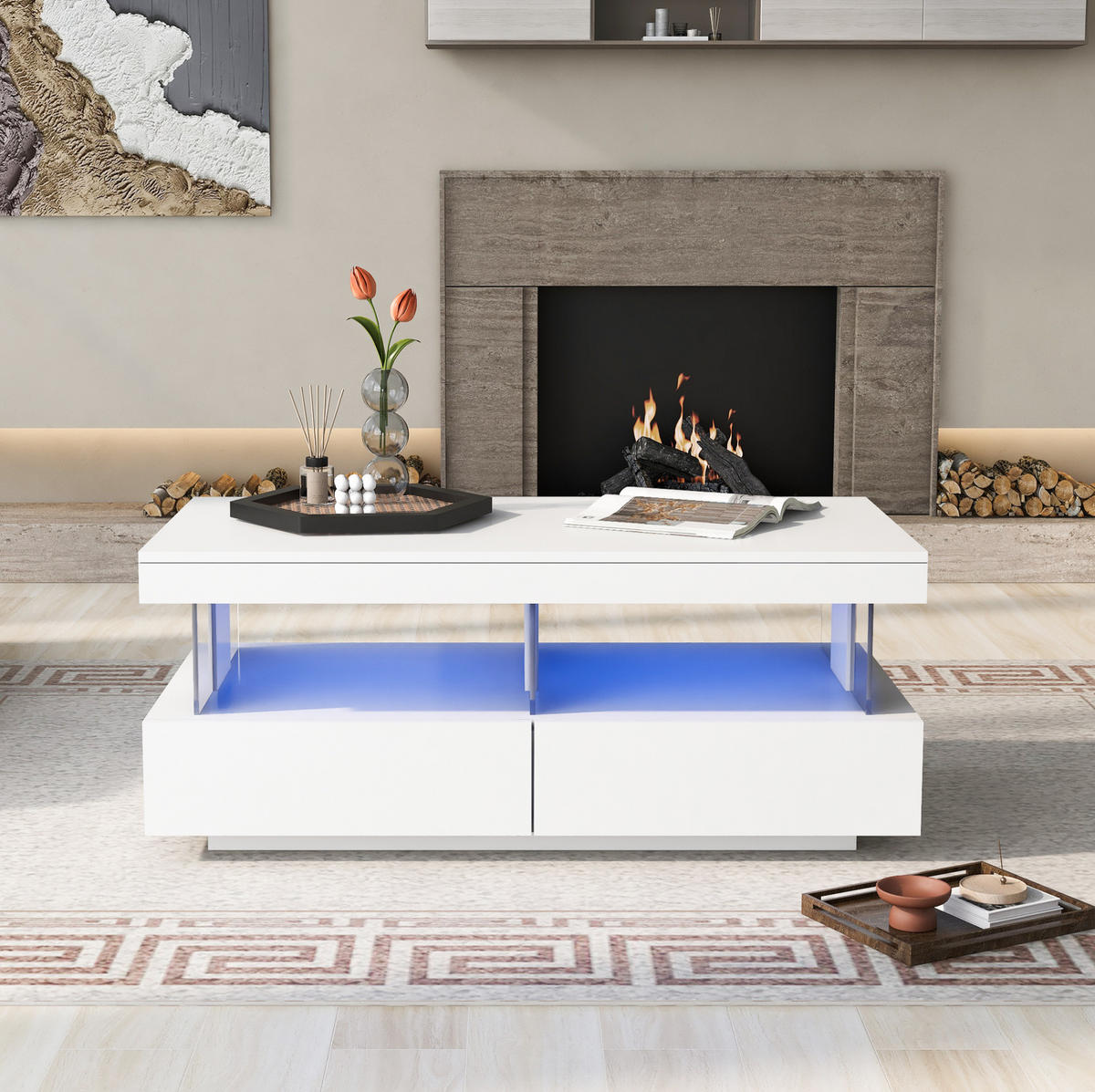 COUCHTISCH aus Spanplatte 100x60x49,5 cm in Weiß mit LED-Beleuchtung - Weiß, Holzwerkstoff (100/60/49.5cm) - Modfu