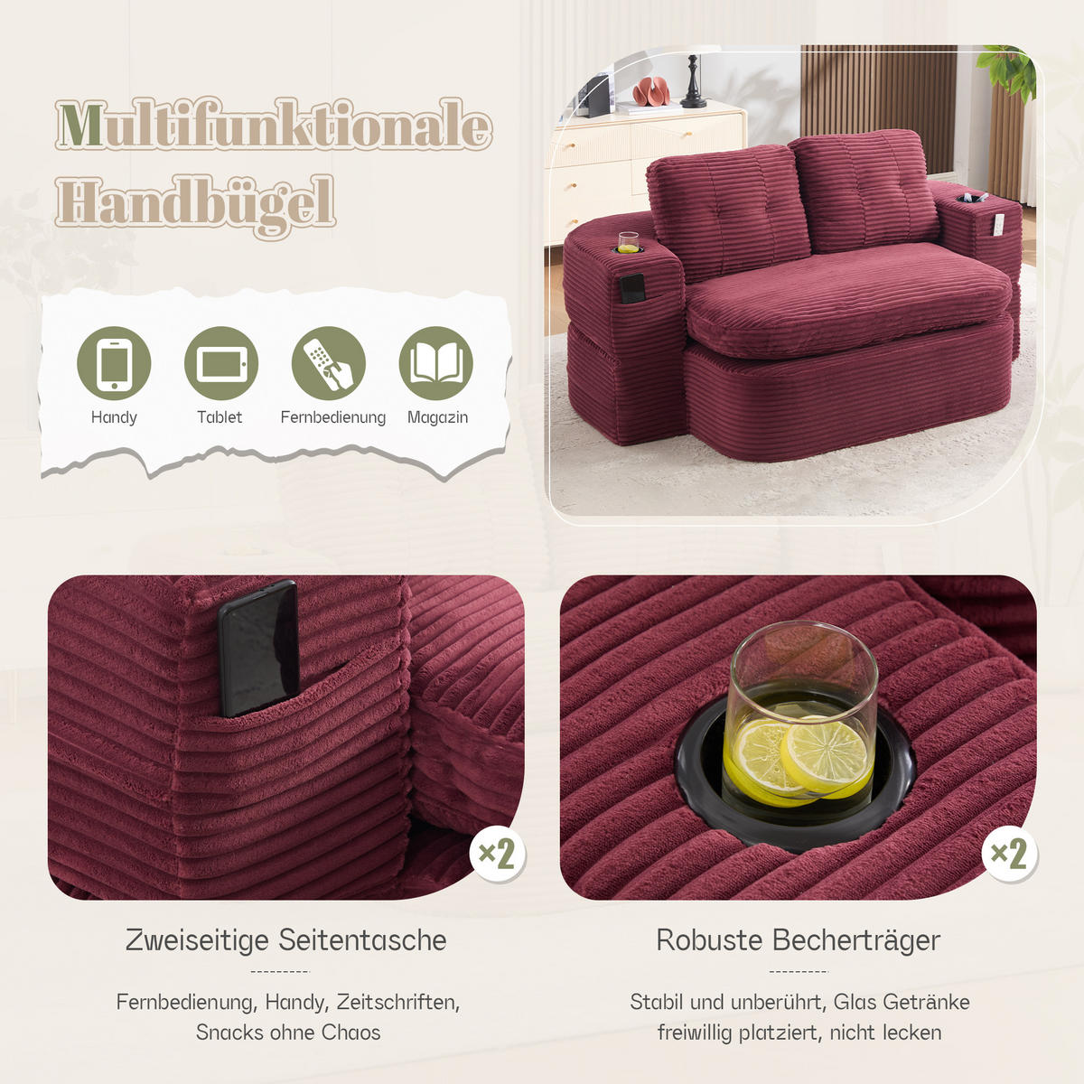 SOFA mit Liegefunktion und Getränkehaltern aus Cord in Weinrot - Weinrot, Textil (165/61/97cm) - EVRYAE