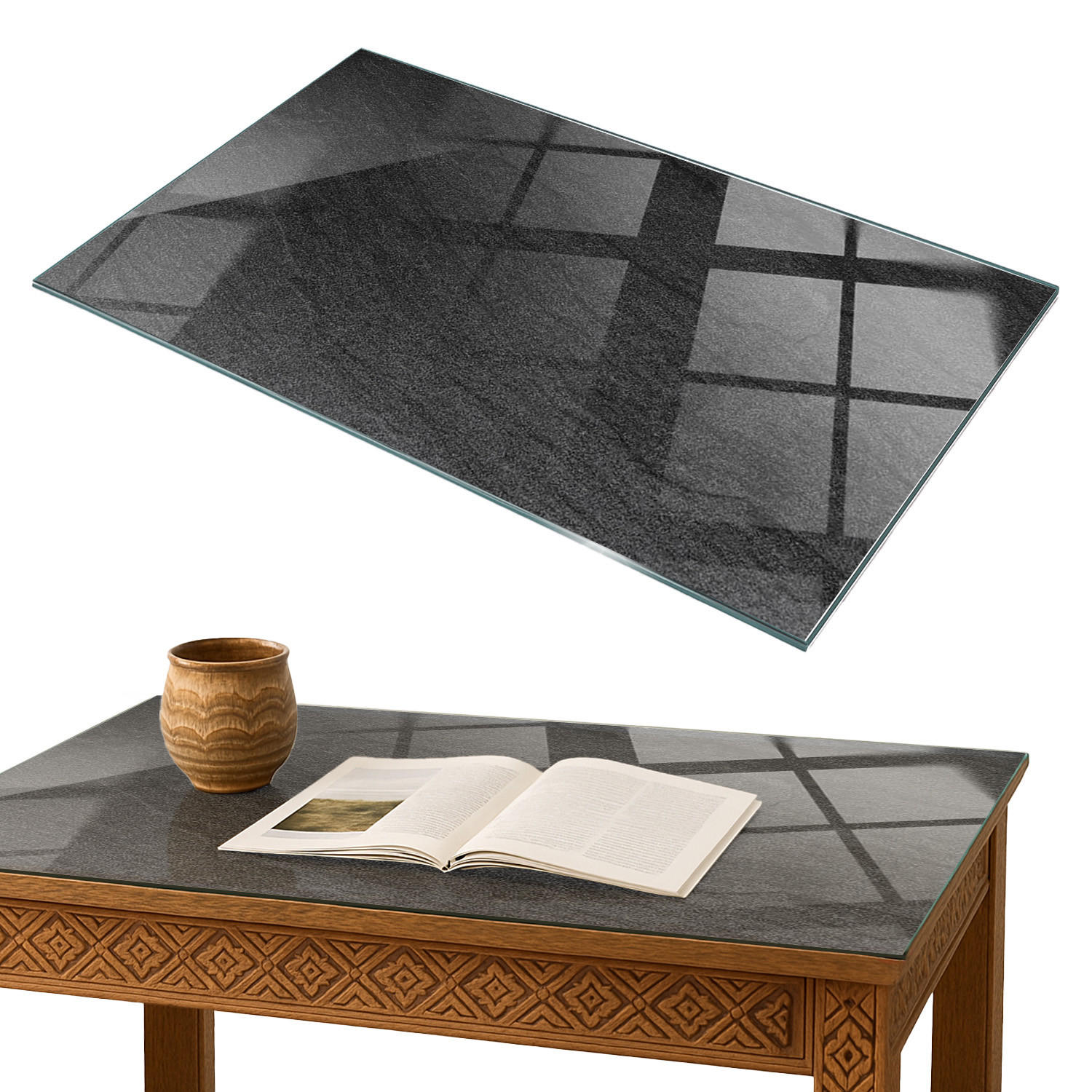 TISCHPLATTE 100x70 cm Natürliche Steinstruktur - Schwarz, Glas (0.4/100/70cm) - TULUP