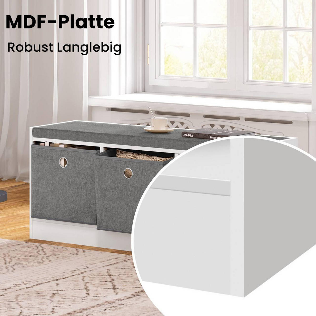 SITZBANK mit 3 Stoffschubladen, Weiß Grau - Weiß/Grau, Holzwerkstoff/Kunststoff (102/45.5/32cm) - Woltu