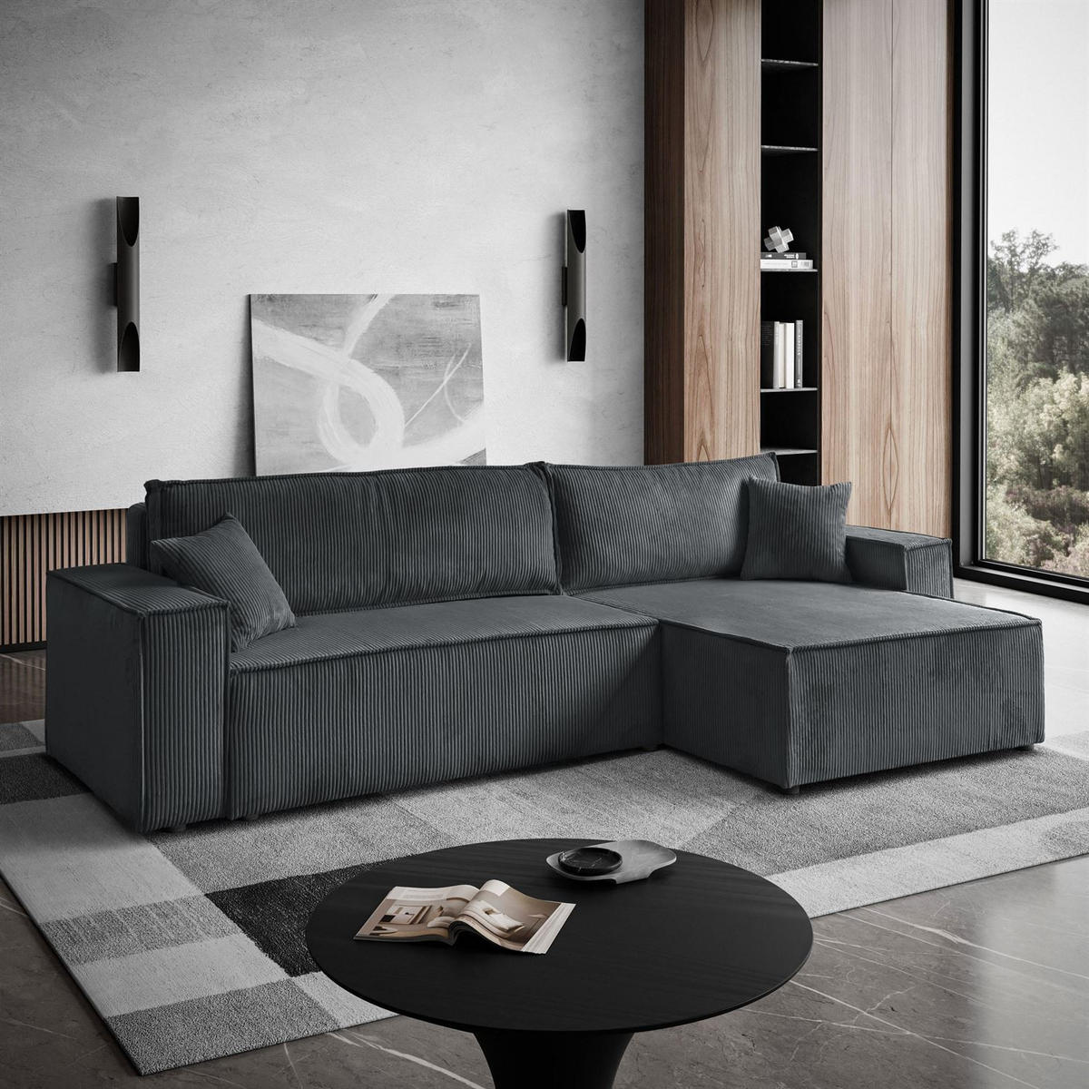 ECKSOFA Gepolstertes CARLO XL Cord mit Schlaffunktion und Bettkasten, Poso 34 - Dunkelgrün, Textil (277/143cm) - Lookway