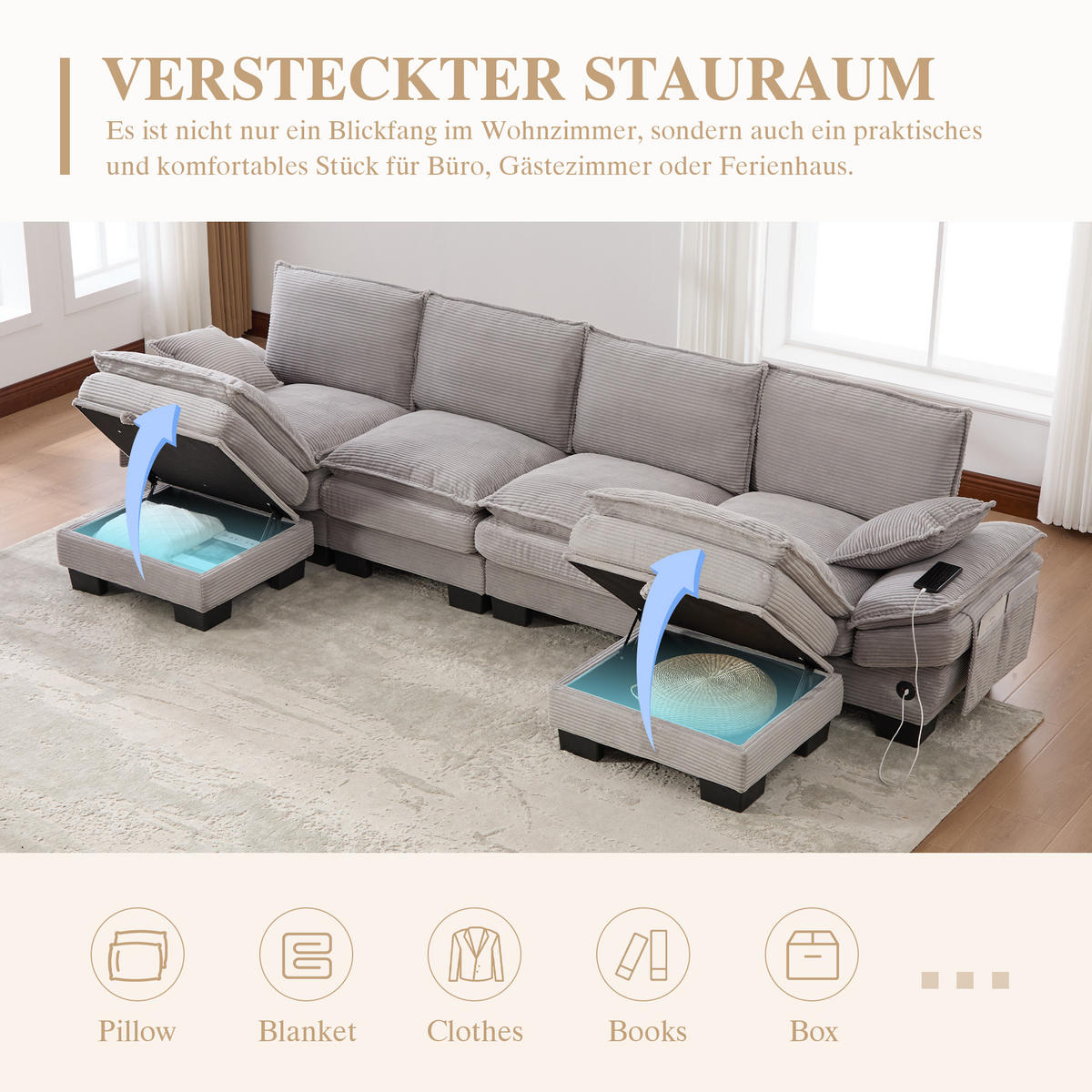 WOHNLANDSCHAFT Cord Hellgrau mit 2 Hocker, USB-C und Seitentaschen - Hellgrau, Holzwerkstoff/Kunststoff (330/84/132cm) - WISHDOR