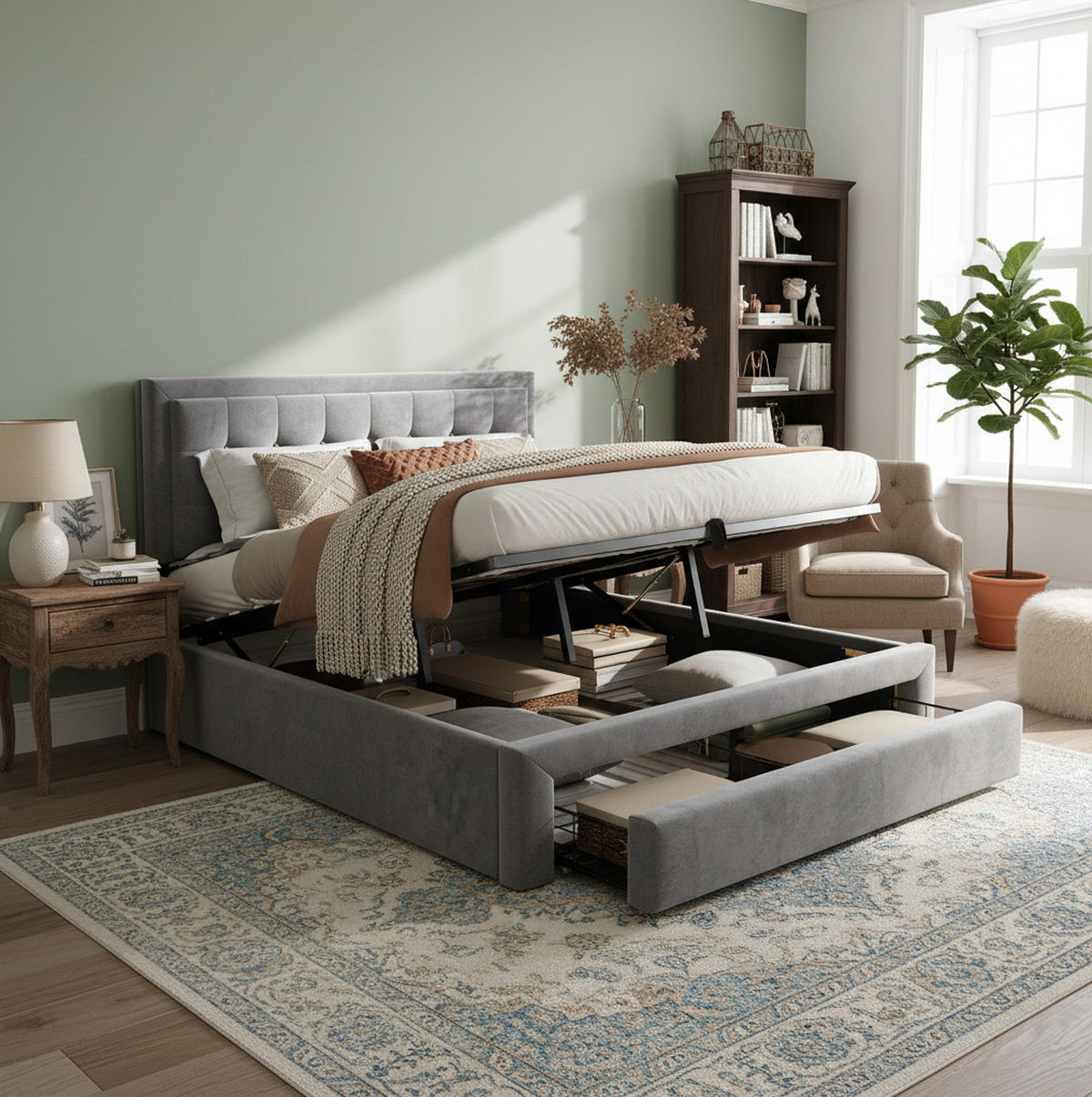POLSTERBETT 140/190 cm grau aus Samt mit Stauraum und verstellbarem Kopfteil - Grau, Textil (140/190cm) - OKWISH