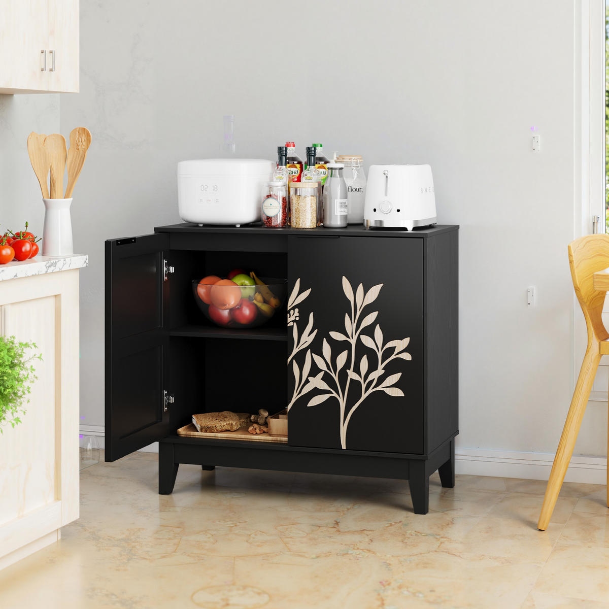 SIDEBOARD 80/38/76 cm Schwarz aus MDF mit Blumenschnitzerei - Schwarz, Holzwerkstoff (38/76/80cm) - OKMYHOME