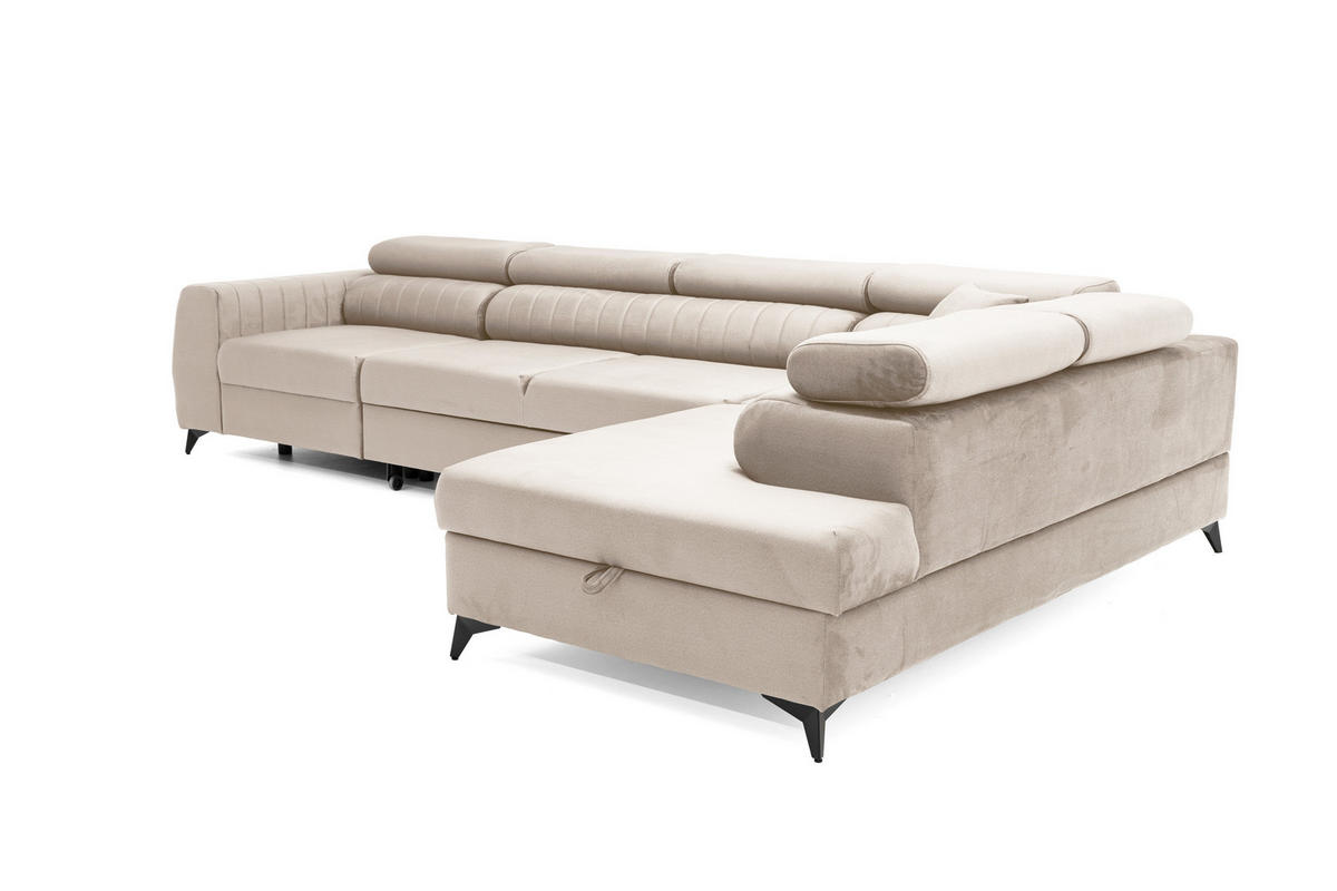ECKSOFA PIERO MAXI Rechts mit Schlaffunktion 195x125 Velours Beige - Beige/Schwarz, Holz/Textil (203/350cm) - Muffo