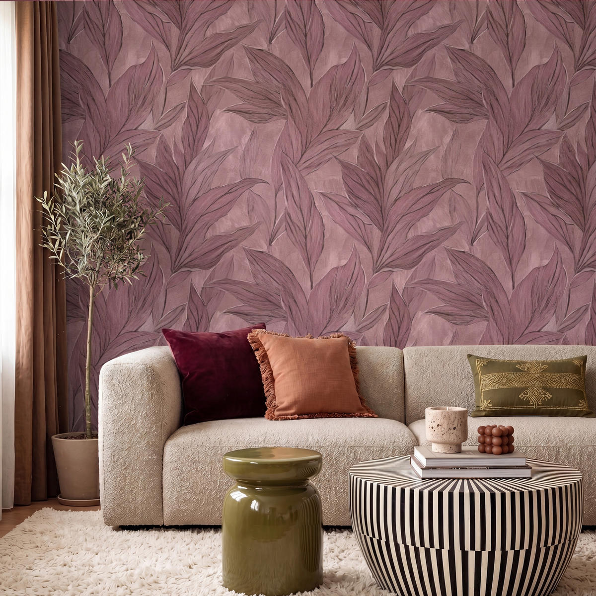 TAPETE - Blätter - Muster - Lila - 260x220 cm - Altrosa, Papier (260/220cm) - OnlyWow