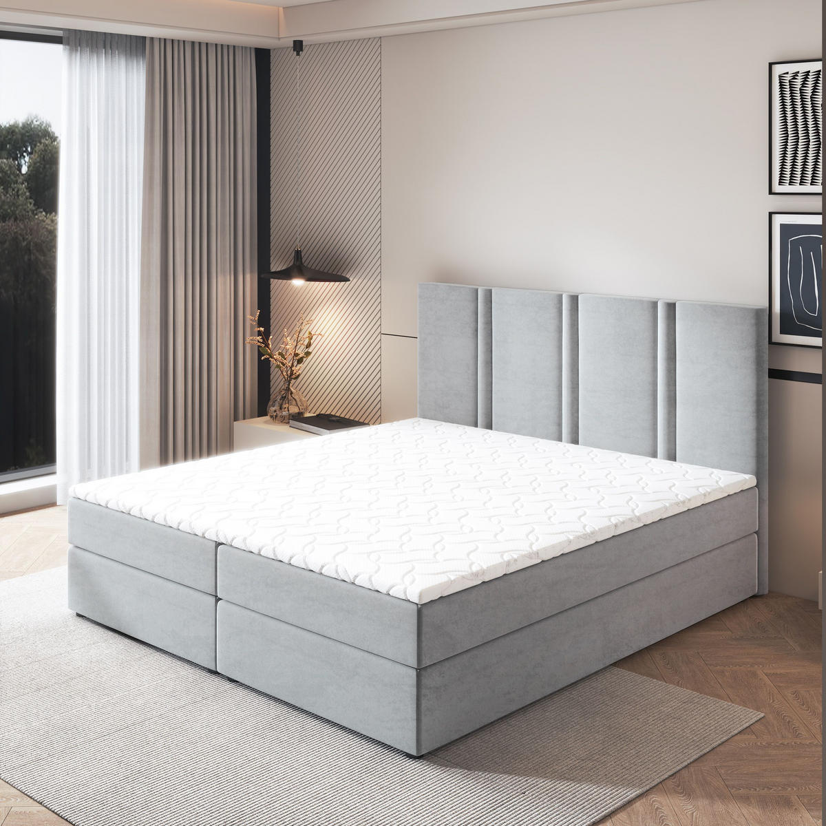 BOXBETT LARIO 180x200 cm mit Matratze und Topper - Hellgrau - Hellgrau, Holz (180/200cm) - MASSENO