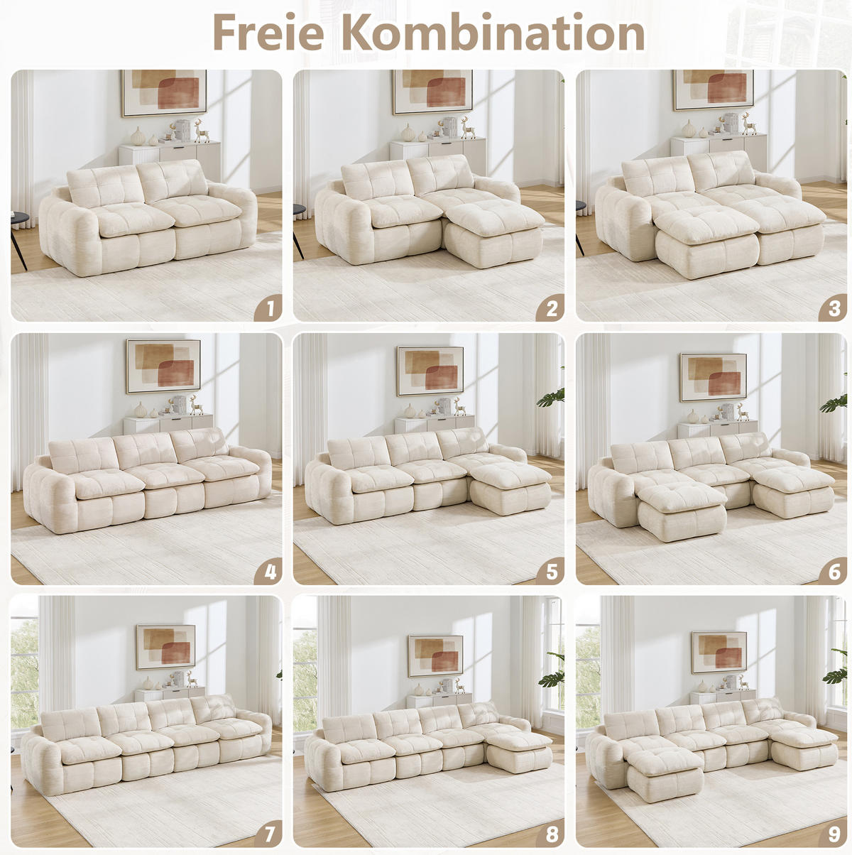 SOFA 194/97/68 cm in Beige aus Chenille mit modularer Bauweise - Beige, Textil (97/68/194cm) - Flora Grace