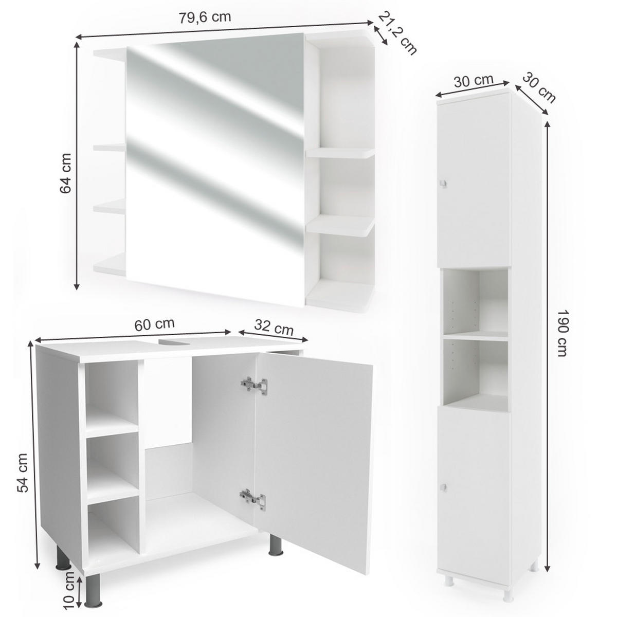 BADMÖBEL-SET Fynn Weiß 3 Teile, mit Hochschrank - Weiß, Holzwerkstoff (60/54/32cm) - Vicco