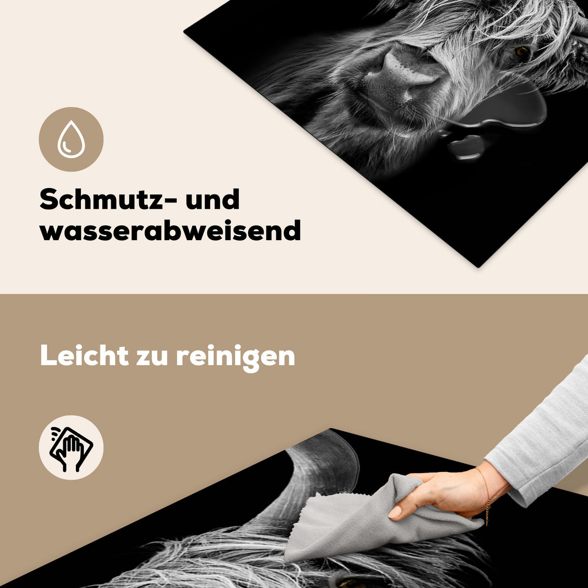 HERDABDECKPLATTE Schottischer Highlander - Hörner - Schwarz - Weiß - Kuh - Wild - Tiere Induktionsmatte 77x59 cm - Schwarz, Kunststoff (77/59/0.2cm) - MuchoWow