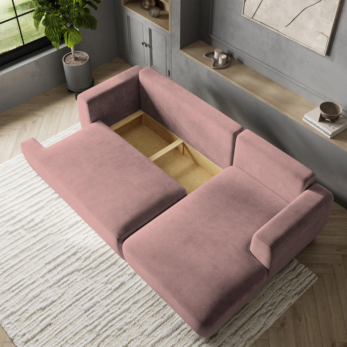 ECKSOFA SENTI K R-S Rosa Plüsch-Stoff mit Schlaffunktion - Rosa, Holz (246/148cm) - MASSENO