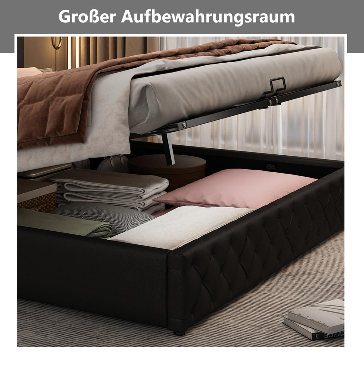 POLSTERBETT 180/200 cm mit Bettkasten, LED-Kopfteil & Lattenrost, PU-Leder Schwarz - Schwarz, Kunststoff (180/200cm) - Redom