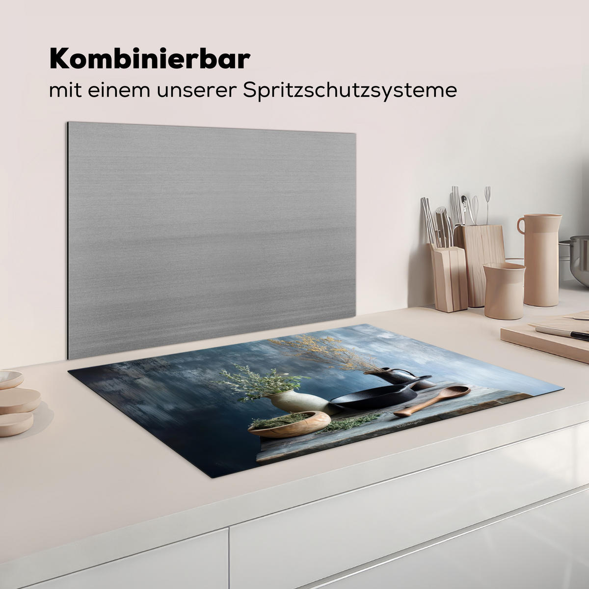 HERDABDECKPLATTE Stilleben - Kräuter - Rustikal Ceranfeldabdeckung 80x52 cm - Blaugrau, Kunststoff (80/52/0.2cm) - MuchoWow
