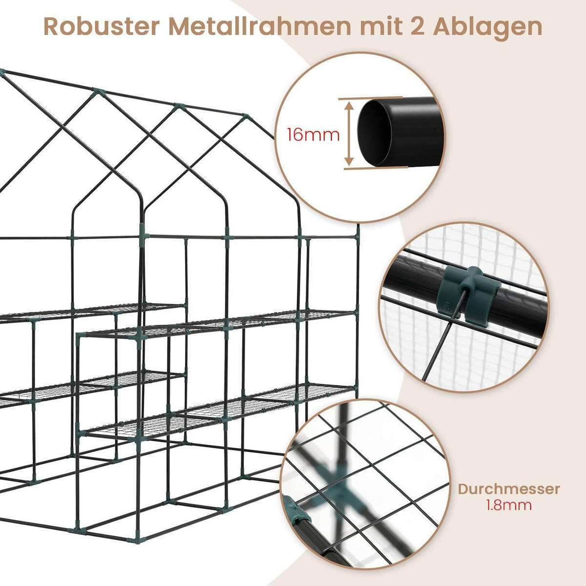 FOLIENGEWÄCHSHAUS, für Frühbeet Gemüse Blumen, 143 x 195 x 215 cm - Weiß, Textil/Metall (143/195/215cm) - Woltu