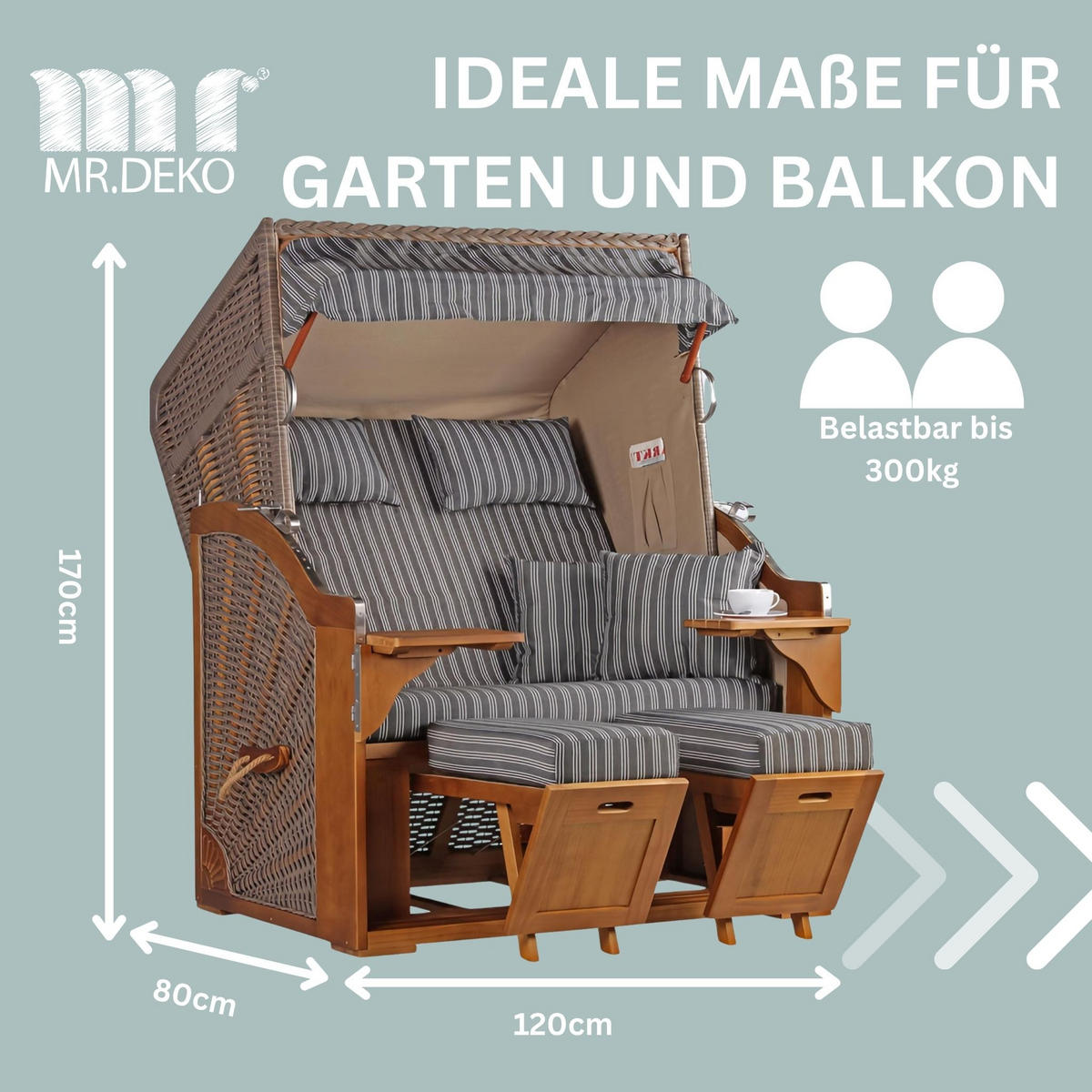 STRANDKORB Schleswig Pinie 2-Sitzer - Braun/Grau, Metall (120/160/80cm) - Mr. Deko