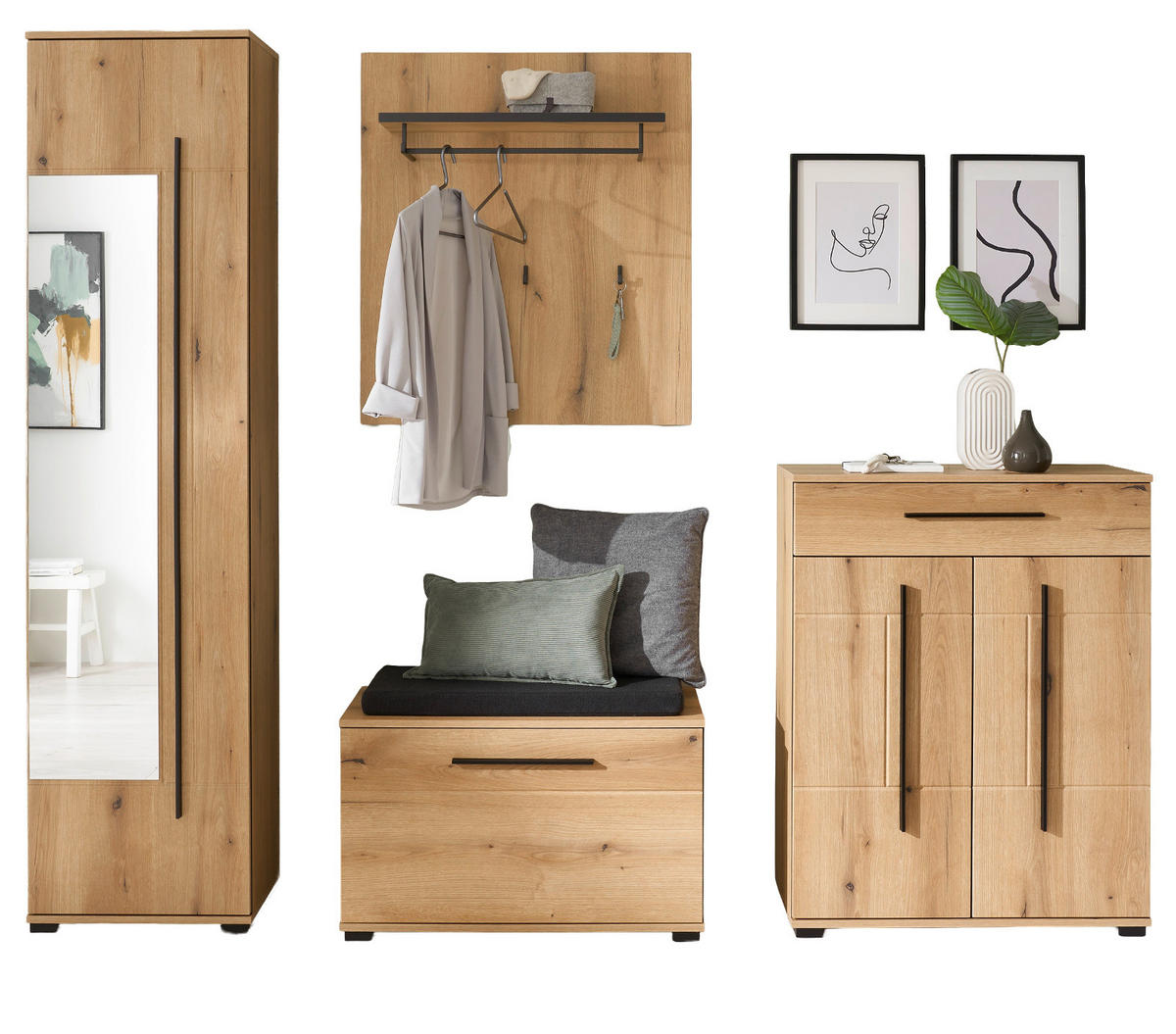 GARDEROBEN-SET Evoke Eiche 5-teilig 230 cm, Flurgarderobe mit viel Stauraum - Eichefarben/Dunkelgrau, Glas/Holzwerkstoff (230/230/40cm) - Furn.Design