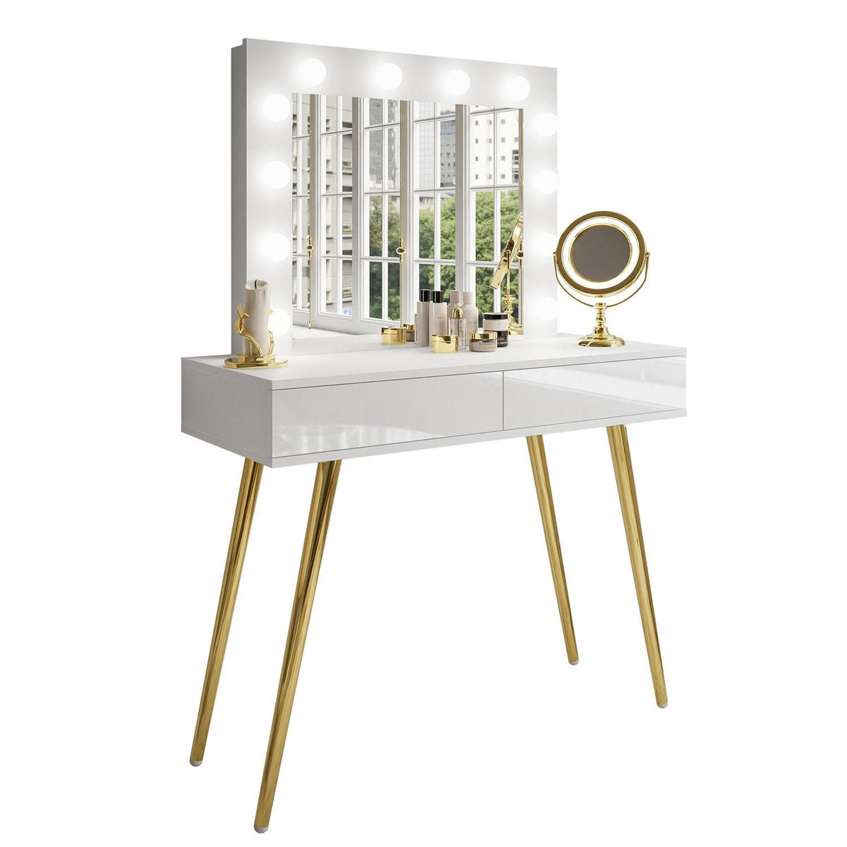 SCHMINKTISCH SIENNA GOLD mit Schubladen auf goldenen Beinen PUSH OPEN - Weiß Hochglanz/Goldfarben, Holzwerkstoff (100/81/42cm)