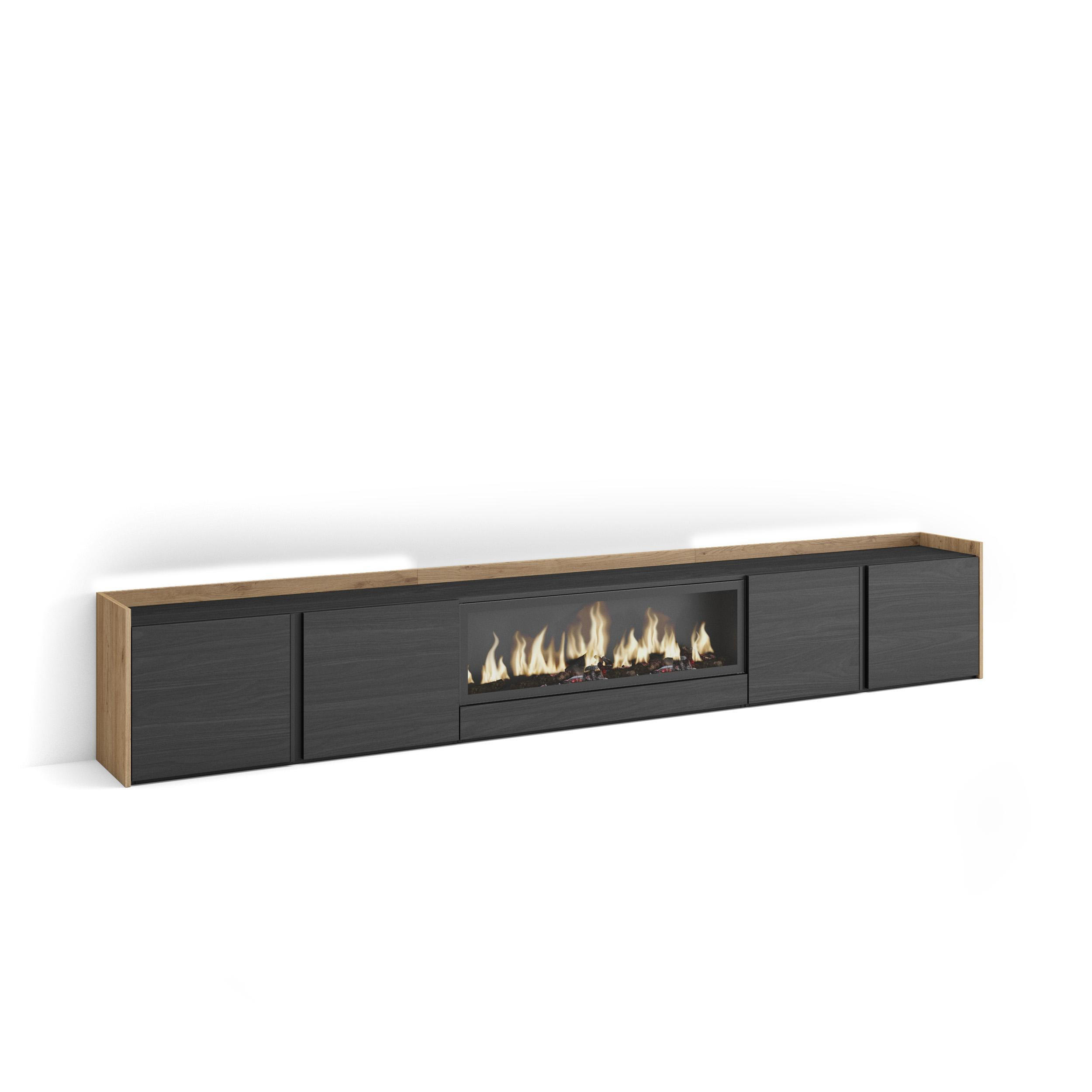 LOWBOARD, Schwarz und Eiche, 315/35/50cm, Kamin mit Feuereffekt XXL - Schwarz, Holzwerkstoff (315/50/35cm) - Skraut Home