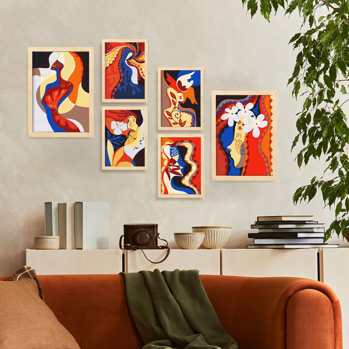 POSTER Set Mit 6 Rococo Arts 1 In Weibliche Zusammenfassung Ästhetische Dekorative Gemälde Für Ihr Wohnzimmer Zuhause A3 & A4 Rahmen Aus Hellem Holz - Beige, Papier (29/3cm) - Nacnic