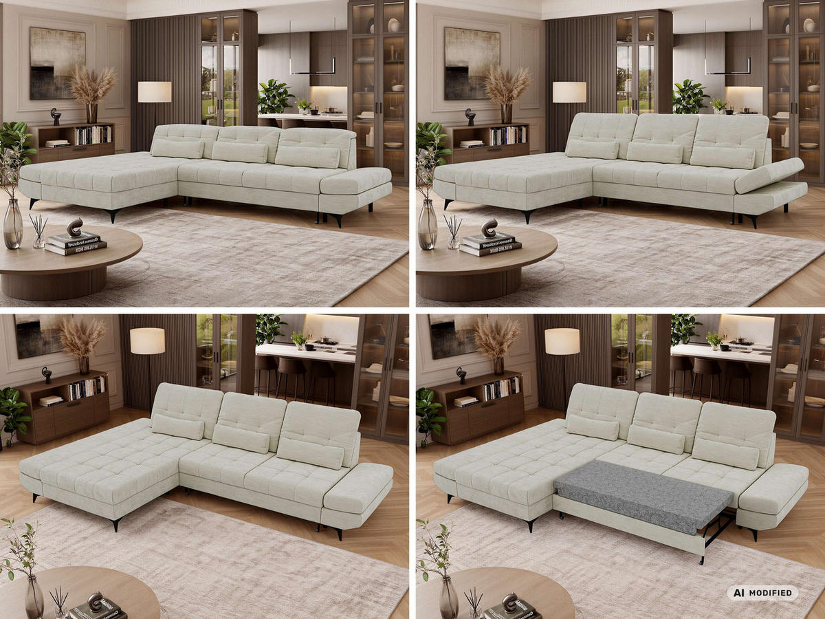 ECKSOFA ALVENO L - Creme Schenille glatt - Links Seite - Creme/Schwarz, Textil/Metall (218/344cm) - MKS