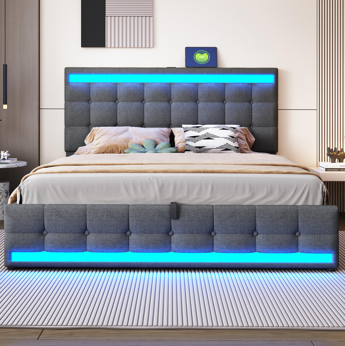 POLSTERBETT 180/200 cm mit RGB-LED, USB-Anschlüssen und verstellbarem Kopfteil, Grau - Grau, Textil (180/200cm) - Redom